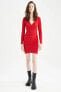 Фото #3 товара Wrap Yaka Kırmızı Uzun Kollu Mini Elbise