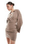 Фото #2 товара ASOS DESIGN collar wrap long sleeve mini dress with button detail skirt in mushroom