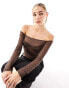 ASOS DESIGN mesh off the shoulder twist front top in chocolate