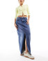 Pieces front slit denim maxi skirt in mid blue