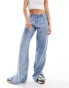 Sixth June low rise acid wash wide leg jeans with split hem in blue BLAU, W28 - фото #5