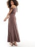 ASOS DESIGN off shoulder linen maxi dress with knot detail in chocolate