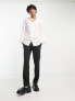 ASOS DESIGN satin shirt with blouson sleeve and grandad neck in off white