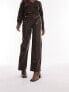 Topshop Petite faux leather straight leg trouser in chocolate