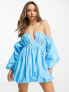 ASOS DESIGN Cotton ruched bandeau mini dress with off shoulder puff sleeve in turquoise