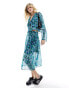 Wednesday's Girl blurred floral ruffle cropped mesh blouse co-ord in blue green