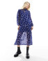 Wednesday's Girl tie neck tiered midi polka dot dress in blue