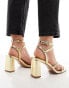 Фото #8 товара ASOS DESIGN Wide Fit Hampstead studded mid heeled sandals in gold