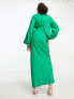 ASOS DESIGN drape shoulder balloon sleeve maxi dress in washed twill in pop green