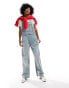 Фото #1 товара Monki denim dungarees with strawberry embriodery in tinted dirty wash blue