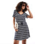 Фото #1 товара ONLY v neck tie waist mini dress in white navy stripe