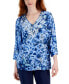 Фото #1 товара Women's Printed 3/4 Sleeve V-Neck Embellished Top, Created for Macy's