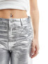 Bershka cracked faux leather straight leg trousers in gunmetal silver