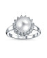 ფოტო #2 პროდუქტის Traditional Timeless Wedding CZ Halo Solitaire Simulated White Pearl Cocktail Engagement Ring For Women .925 Sterling Silver