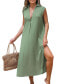 Women's Green Collared V-Neck Sleeveless Linen Midi Beach Dress