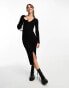 New Look v neck ribbed knitted midi dress with side split in black