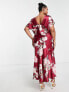 ASOS DESIGN Curve satin batwing midi dress with vintage floral artwork in red