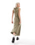 COLLUSION hooded spliced maxi dress in khaki