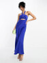 ASOS DESIGN satin halterneck twist maxi dress with cut out front in blue