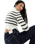 Bershka rib knitted zip up jumper in ecru & black stripe