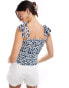 JDY shirred smock top with tie straps in white & blue