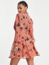 ASOS DESIGN gathered waist long sleeve mini dress with frill neck and godet skirt in floral print