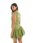 ASOS DESIGN asymmetric mini dress with puffball hem and sleeve in olive green Зеленый, 36 - фото #2