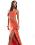 Фото #4 товара ASOS DESIGN slinky square neck maxi dress with sarong knot detail skirt in coral