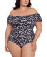 ფოტო #1 პროდუქტის Plus Size Cheetah-Print Off-The-Shoulder One piece Swimsuit, Created for Macy's