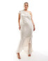 TFNC Plus Bridesmaid satin one shoulder ruffle maxi dress in champagne