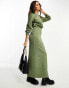 ASOS DESIGN crew neck ribbed blouson sleeve maxi dress in khaki