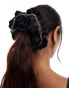 ASOS DESIGN oversized satin scrunchie with frill and chain detail in black