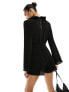 Фото #3 товара In The Style plisse long sleeve wrap shirt playsuit in black