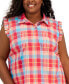 ფოტო #3 პროდუქტის Plus Size Plaid Flutter-Sleeve Top