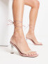 ASOS DESIGN Helsy tie leg mid heeled sandals in clear and beige