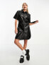 Noisy May faux leather button down tie waist mini dress in black