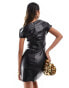 Simmi leather look ruched off shoulder bodycon side split mini dress in black