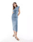 ASOS DESIGN cap sleeve keyhole ruched front midi dress in indigo denim indigoblauer Denim, 38 - фото #1