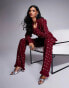 Фото #2 товара ASOS LUXE embellished boucle kick flare trouser co-ord with faux feather hem in Burgundy