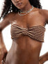 Фото #1 товара Miss Selfridge crinkle stripe knot front bandeau bikini top in neutral stripe