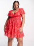 ASOS DESIGN Curve v front ruffle mini dress with flutter sleeve and tie belt in red