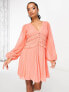 ASOS DESIGN Petite button through ruched waist pleated mini dress in metallic dobby in coral