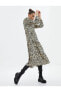 Çiçekli Midi Elbise Uzun Kollu Kruvaze V Yaka Manşetleri Lastikli