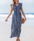 ფოტო #2 პროდუქტის Women's Blue Boho Striped Ruffled V-Neck Maxi Beach Dress