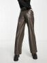 Only Petite high waisted wide leg faux leather trouser in brown