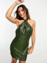 ASOS DESIGN embellished halterneck twist mini dress in allover sequin in khaki 32 - фото #1