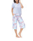 Women's Solid Short Sleeve T-shirt with Printed Capri 2 Piece Pajama Set