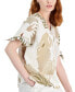 Фото #3 товара Women's 100% Linen Palm-Print Split-Neck Top, Created for Macy's