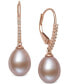 ფოტო #1 პროდუქტის Pink Cultured Freshwater Pearl (8-9mm) & Diamond (1/10 ct. t.w.) Leverback Drop Earrings in 14k Rose Gold, Created for Macy's