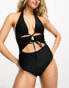 Фото #6 товара The Frolic zirconia cut out halter swimsuit in black